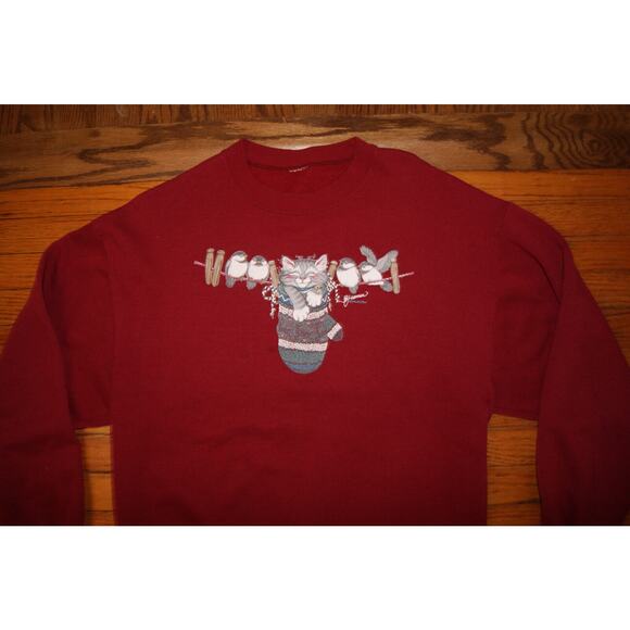 Vintage 90s Morning Sun Birds Kitten In Mitten Sweatshirt Womens Large Dark Red - Picture 1 of 8